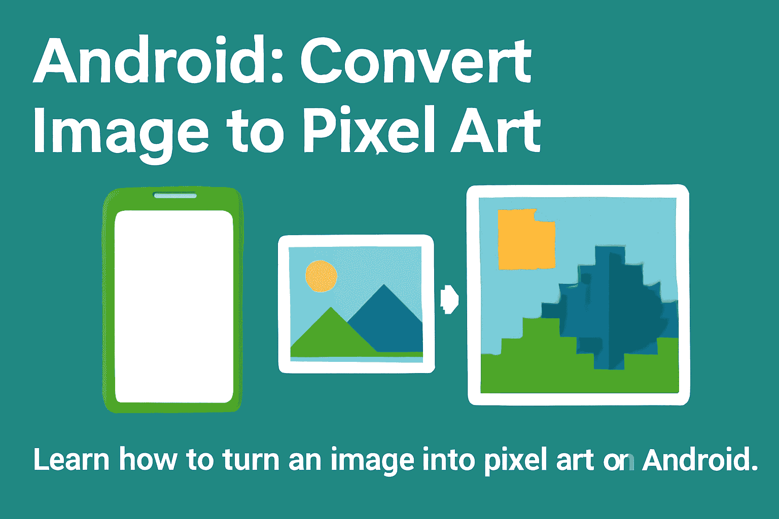 Step-by-step guide on converting images into pixel art on Android, with an Android phone, a photo, and pixel art design.