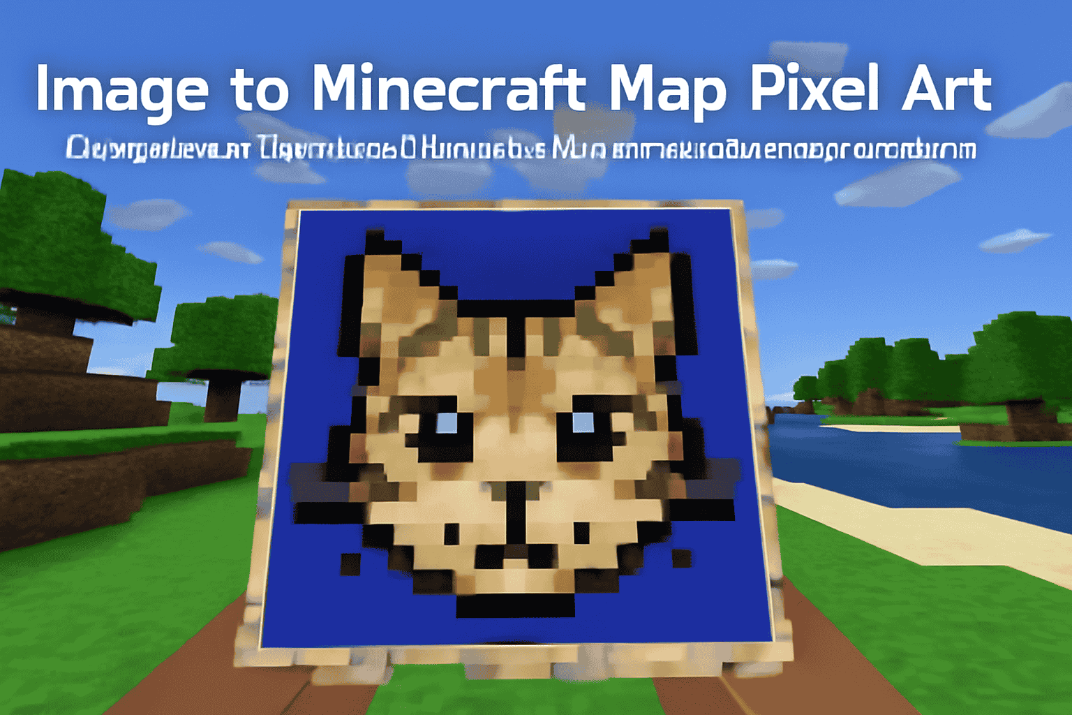 A Minecraft map displaying a pixel art cat face in a vibrant 2D design with detailed shading and a colorful landscape.
