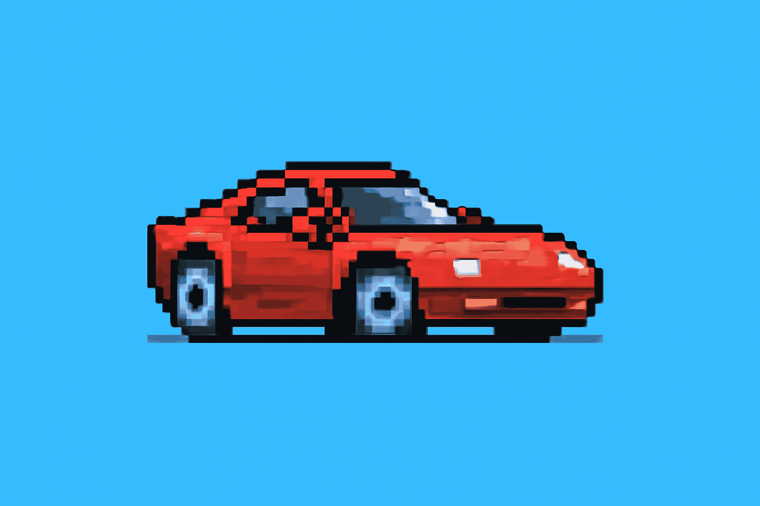 Pixel art of a red sports car against a blue backdrop, designed in classic 8-bit and 16-bit style.